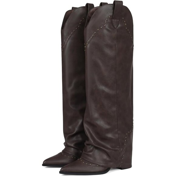 🆕Women's Brownish Coffee Polyurethane Studded Fold Over Knee High Cowgirl Boot - Picture 3 of 8